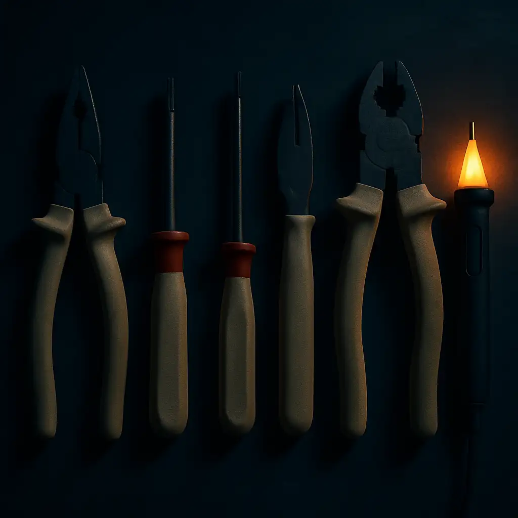 Insulated electrician hand tools and a voltage tester laid in a row on dark steel