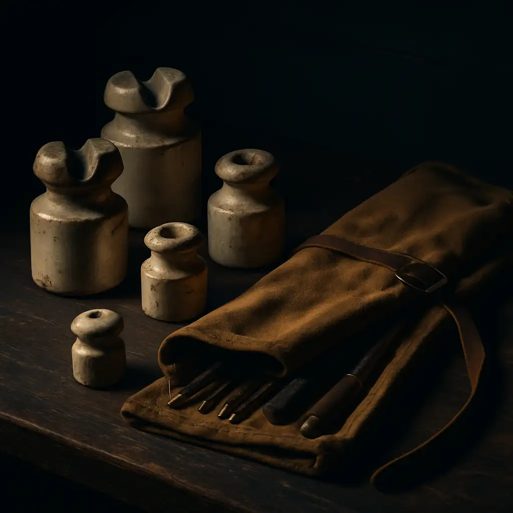 Aged ceramic electrical insulators and a worn canvas tool roll on dark timber