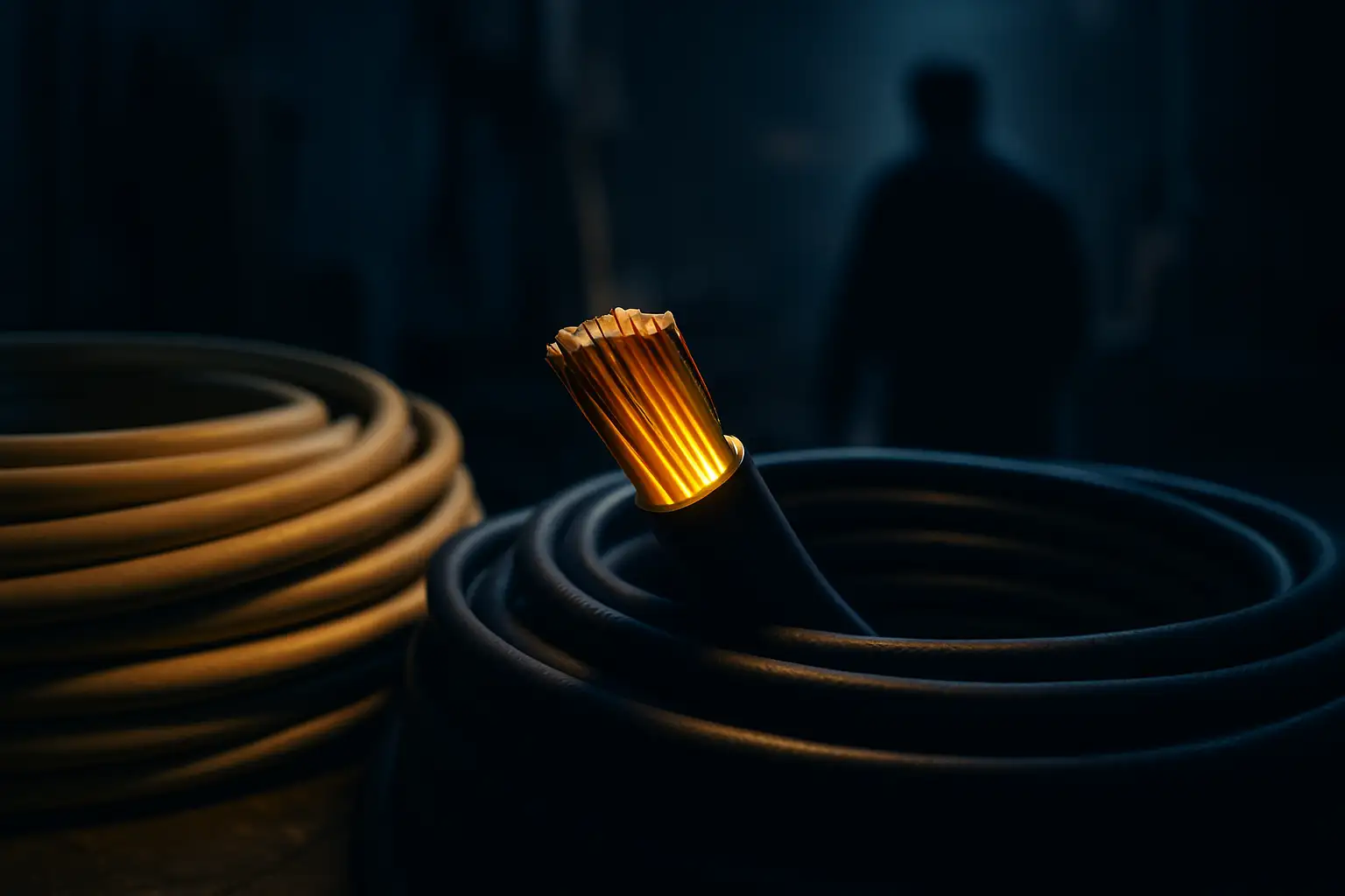 Coiled copper electrical cable cores catching a warm amber glow out of deep blue shadow