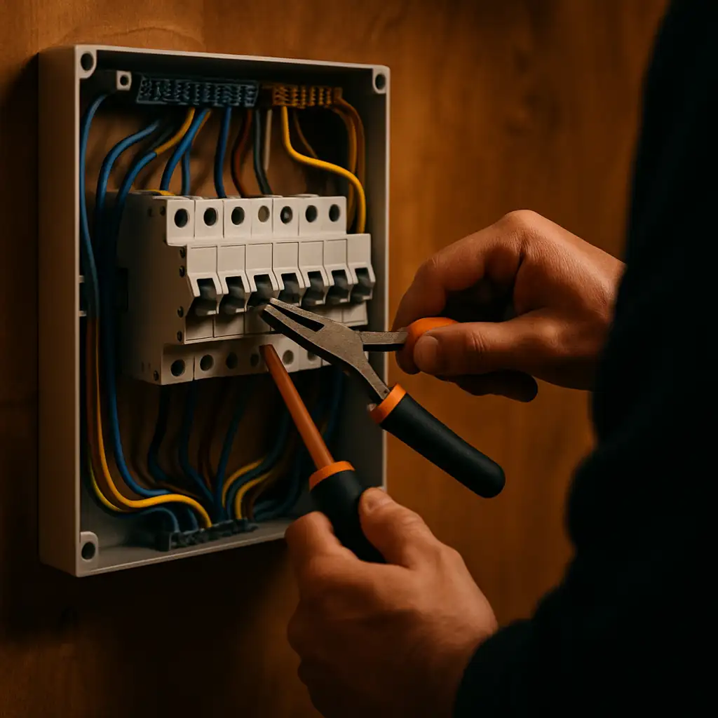 Close-up of a switchboard being wired